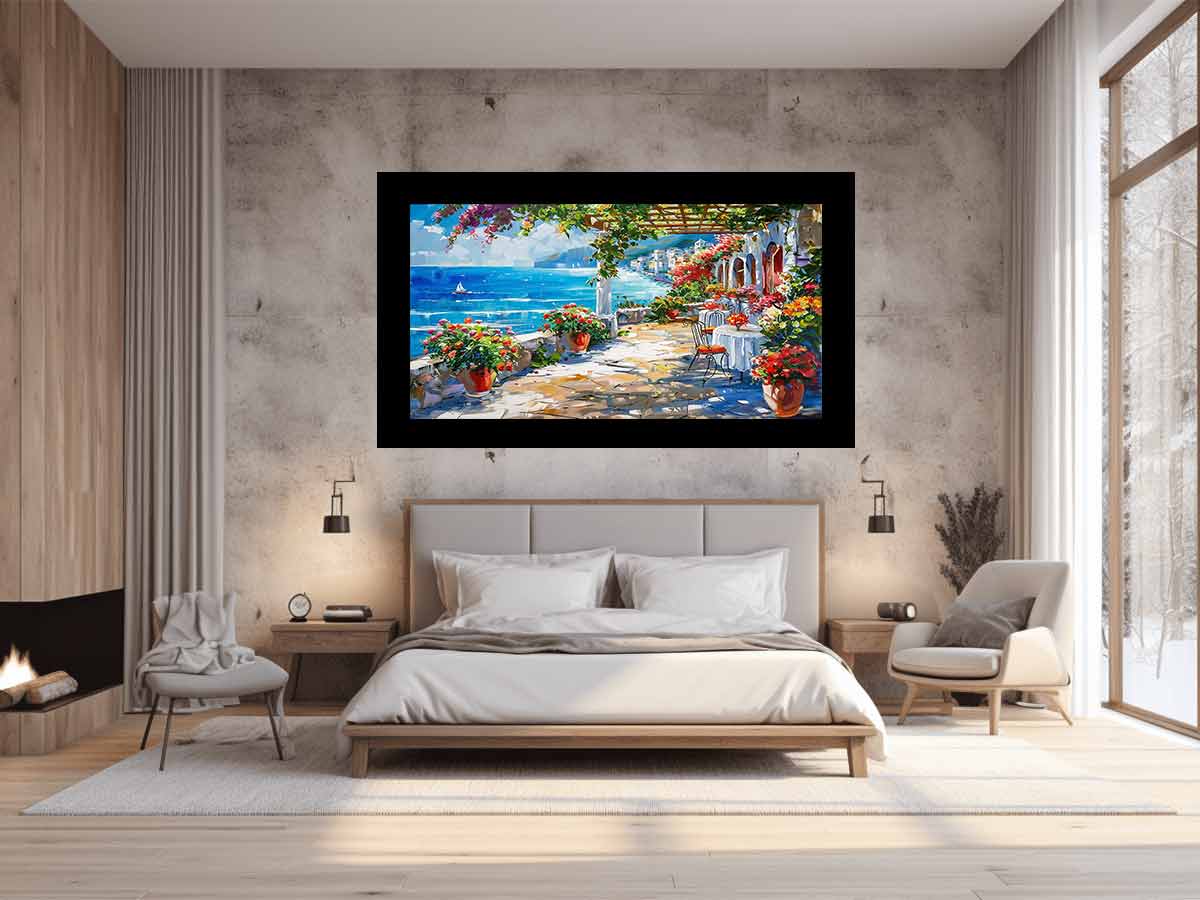 Mediterranean coastal terrace canvas art with ocean view for living room decor.