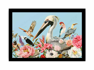 Colorful bird and floral canvas art with pelican for botanical living room decor.