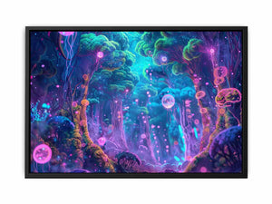 Neon fantasy forest canvas art with glowing fungi for dramatic bedroom decor.