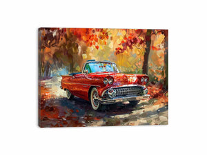 Red vintage convertible canvas art for classic car mancave wall decor.