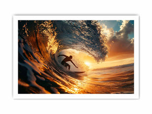 Surfer inside glowing sunset ocean wave canvas art for coastal living room decor.