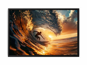 Surfer inside glowing sunset ocean wave canvas art for coastal living room decor.