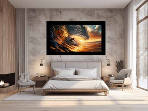 Surfer inside glowing sunset ocean wave canvas art for coastal living room decor.