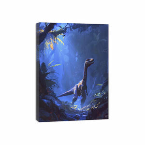 Blue moonlit dinosaur jungle canvas art for kids room or adventurous bedroom decor.