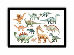 Watercolor dinosaur illustration canvas art for nursery, kids room, or playful bedroom decor.