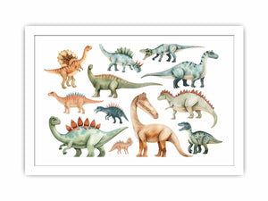Watercolor dinosaur illustration canvas art for nursery, kids room, or playful bedroom decor.