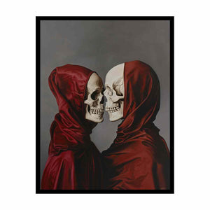 Two crimson hooded skulls canvas art for gothic bedroom or dark academia wall decor.