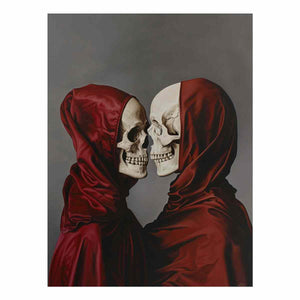 Two crimson hooded skulls canvas art for gothic bedroom or dark academia wall decor.