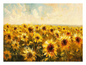 Yellow sunflower field canvas art with painterly texture for warm farmhouse home decor.