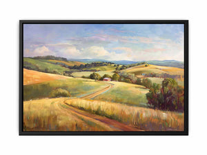 Pastel countryside farmhouse landscape canvas art for living room decor.