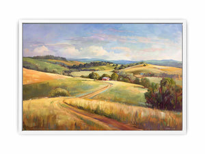 Pastel countryside farmhouse landscape canvas art for living room decor.