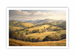 Golden rural mountain landscape canvas art for elegant living room decor.
