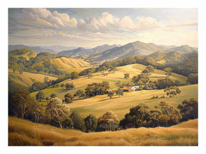 Golden rural mountain landscape canvas art for elegant living room decor.