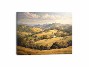 Golden rural mountain landscape canvas art for elegant living room decor.