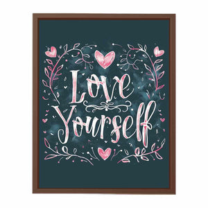 Love Yourself typography canvas art with pink hearts for bedroom decor.