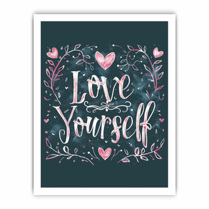 Love Yourself typography canvas art with pink hearts for bedroom decor.