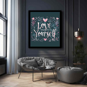 Love Yourself typography canvas art with pink hearts for bedroom decor.