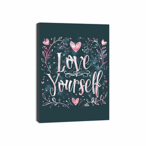 Love Yourself typography canvas art with pink hearts for bedroom decor.