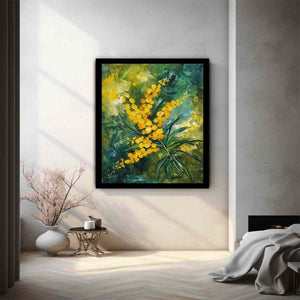 Golden wattle floral canvas art for modern living room decor.