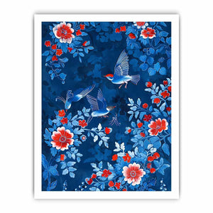 Blue floral bird canvas art for elegant bedroom wall decor.