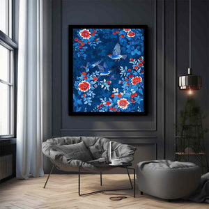 Blue floral bird canvas art for elegant bedroom wall decor.