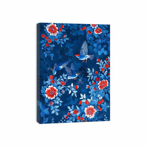 Blue floral bird canvas art for elegant bedroom wall decor.