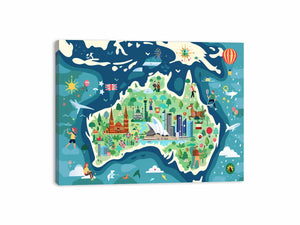 Colorful Australia map canvas art for kids room and travel decor.