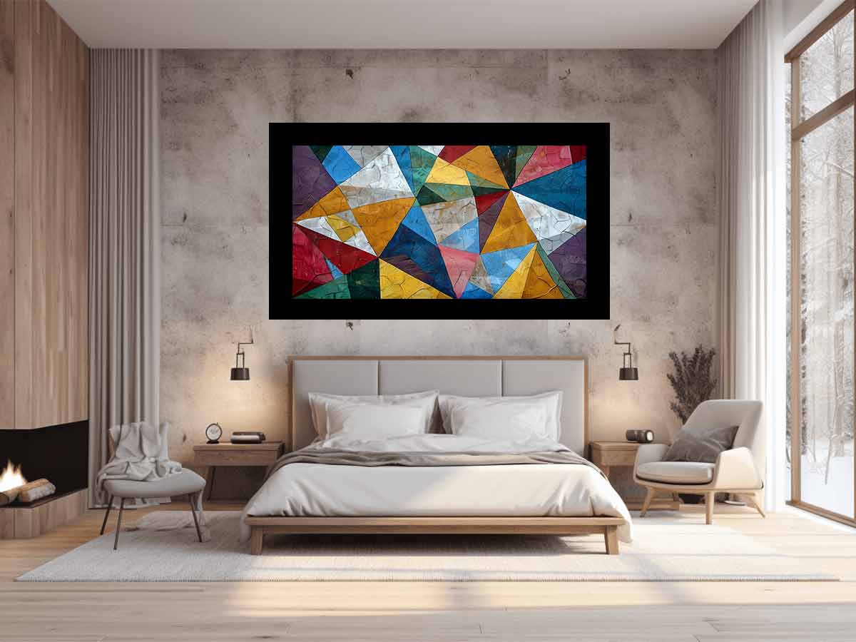 Colorful geometric abstract canvas art for modern living room decor.