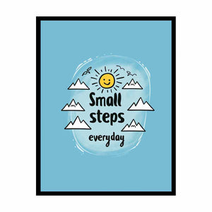 Small Steps everyday motivational wall art with sun and mountains for office decor.