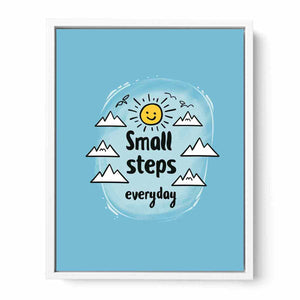 Small Steps everyday motivational wall art with sun and mountains for office decor.