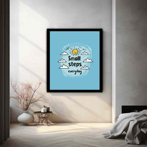 Small Steps everyday motivational wall art with sun and mountains for office decor.