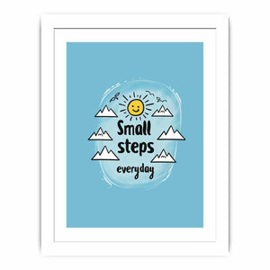 Small Steps everyday motivational wall art with sun and mountains for office decor.