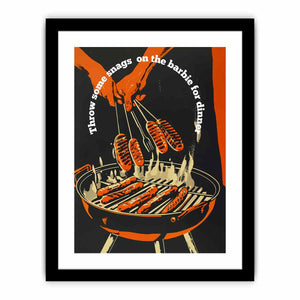 Retro barbecue hot dog wall art with grill and tongs for kitchen or home bar decor.