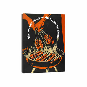 Retro barbecue hot dog wall art with grill and tongs for kitchen or home bar decor.