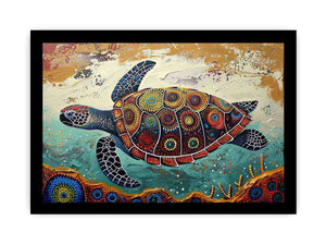 Colorful sea turtle coastal canvas art for beach house or living room wall decor.