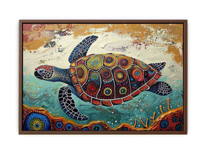 Colorful sea turtle coastal canvas art for beach house or living room wall decor.