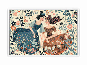 Whimsical floral illustration of two women for boho bedroom or living room decor.