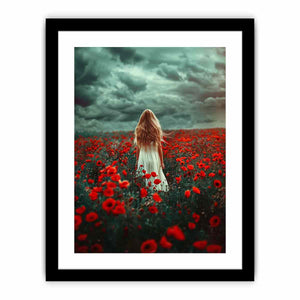 Girl in white dress walking through red poppy field under storm clouds for dramatic room decor.