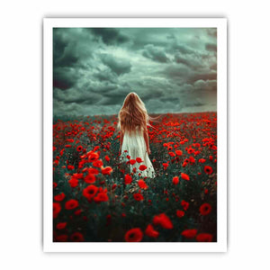 Girl in white dress walking through red poppy field under storm clouds for dramatic room decor.