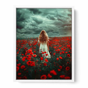 Girl in white dress walking through red poppy field under storm clouds for dramatic room decor.