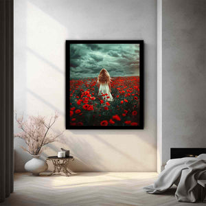 Girl in white dress walking through red poppy field under storm clouds for dramatic room decor.