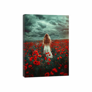 Girl in white dress walking through red poppy field under storm clouds for dramatic room decor.