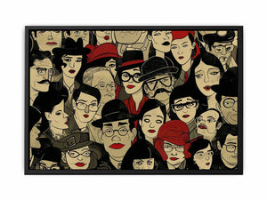 Illustrated crowd of stylish faces with hats and red lips for eclectic modern wall decor.