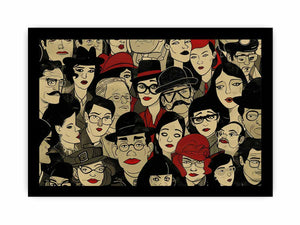 Illustrated crowd of stylish faces with hats and red lips for eclectic modern wall decor.