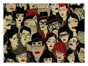 Illustrated crowd of stylish faces with hats and red lips for eclectic modern wall decor.