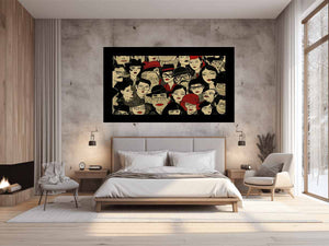 Illustrated crowd of stylish faces with hats and red lips for eclectic modern wall decor.