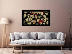 Illustrated crowd of stylish faces with hats and red lips for eclectic modern wall decor.