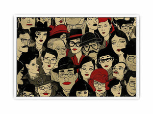 Illustrated crowd of stylish faces with hats and red lips for eclectic modern wall decor.