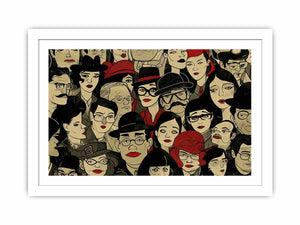 Illustrated crowd of stylish faces with hats and red lips for eclectic modern wall decor.