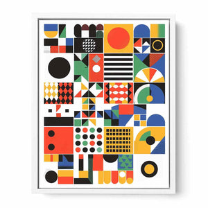 Modern geometric abstract artwork with colorful blocks, circles and arches for creative room decor.